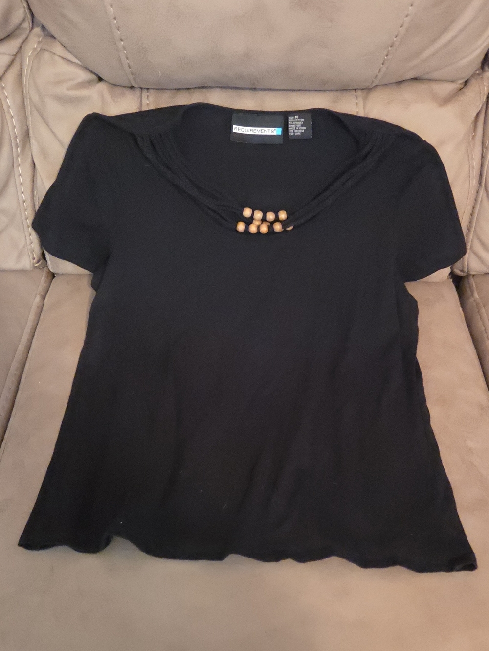 Requirements Black Short Sleeve Tee with Wooden Bead Accent